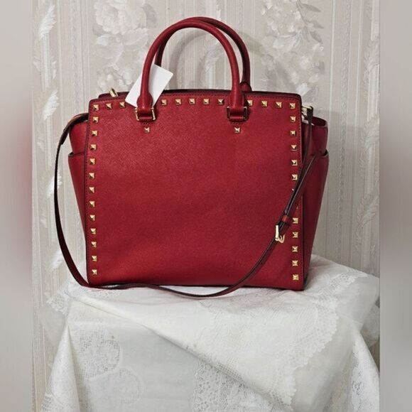 Michael Kors Large Selma Studsed Bag NWOT Red Color - Picture 2 of 7